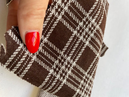 White Brown Plaid Polyester Spandex Ponte Knit "Noir Claire"
