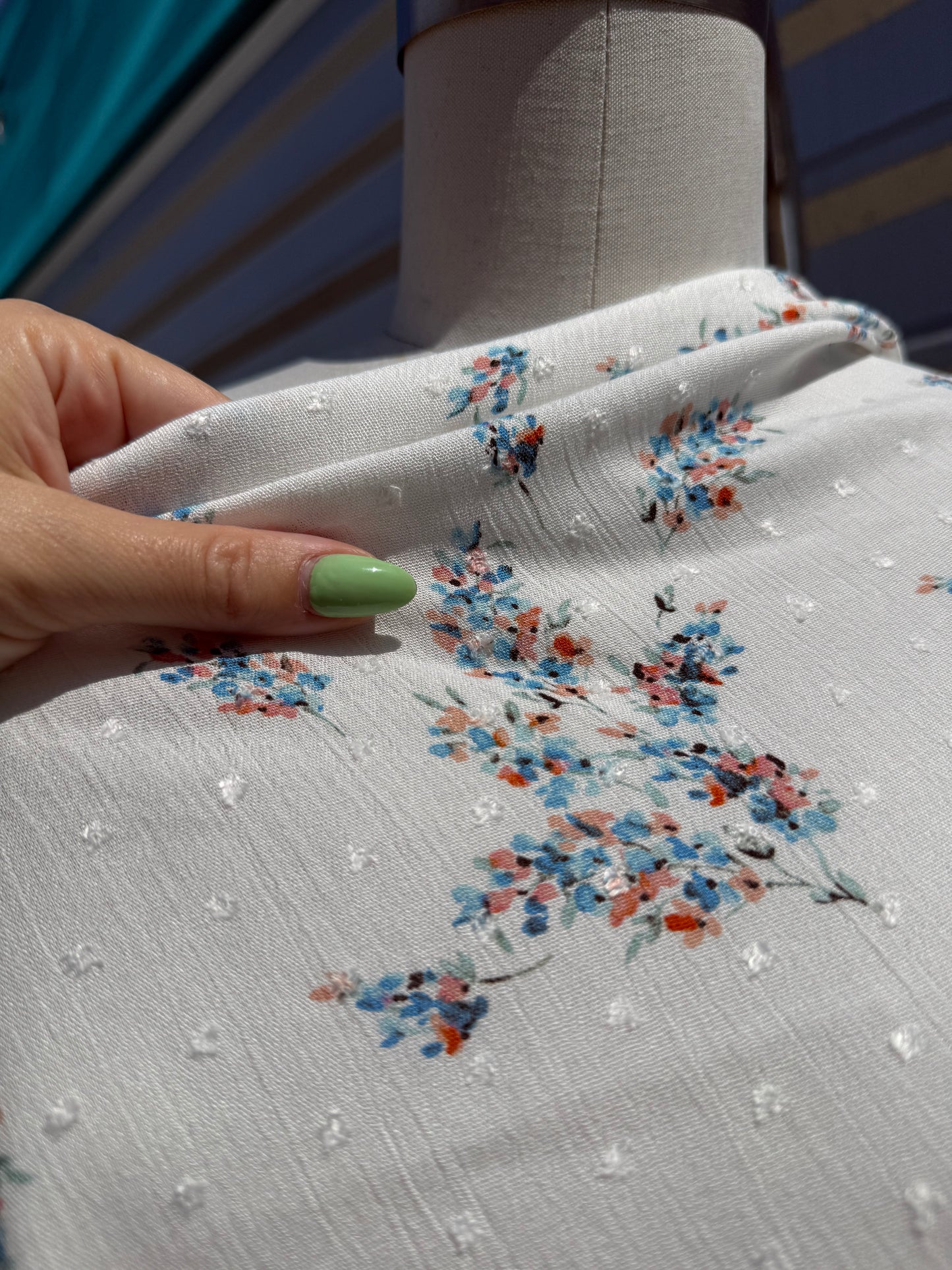 White Blue Pink Floral Swissdot Rayon Crepe Woven "Blanca Blooms"