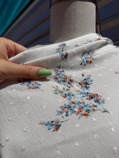White Blue Pink Floral Swissdot Rayon Crepe Woven "Blanca Blooms"