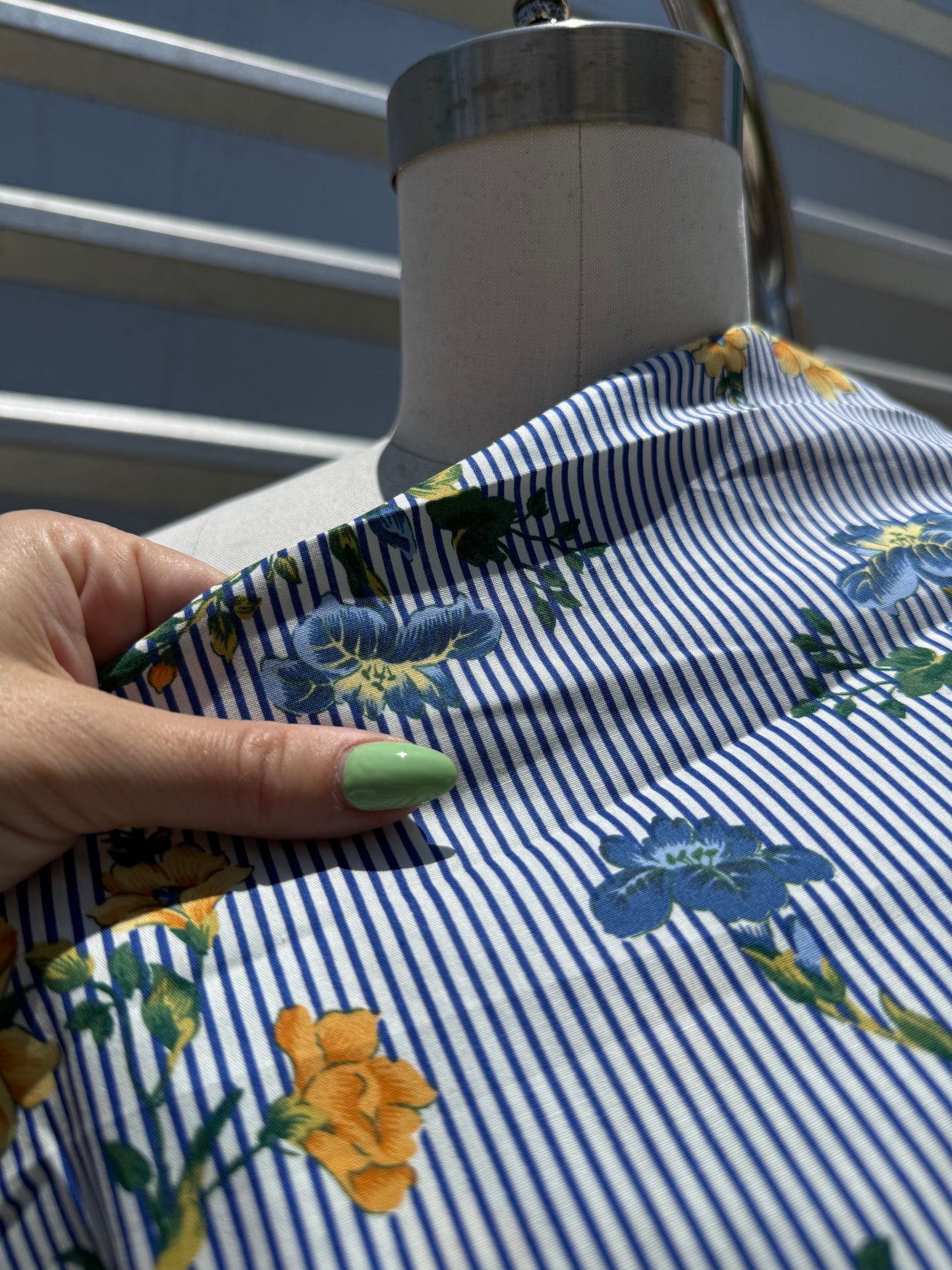 Blue White Yellow Floral Stripe Cotton Poplin “Martha Memories “