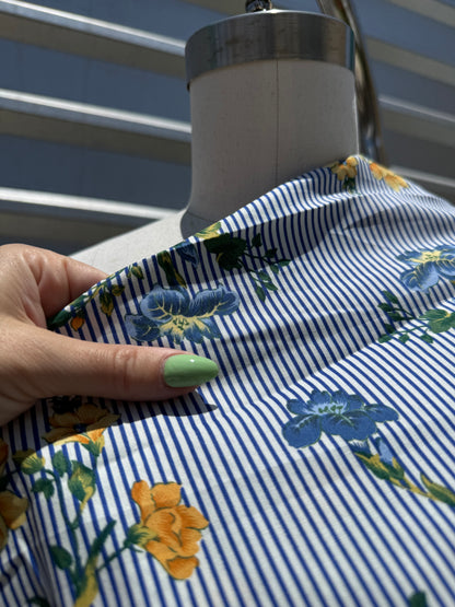 Blue White Yellow Floral Stripe Cotton Poplin “Martha Memories “