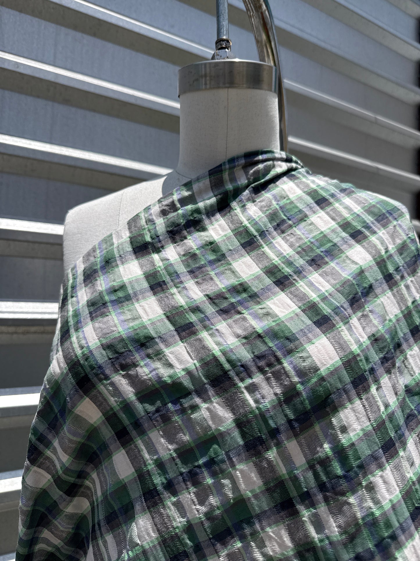 Green White Blue Plaid Cotton Seersucker Texture Woven "I See A Hawk"