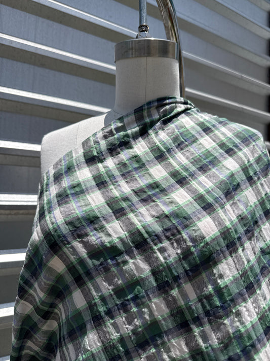 Green White Blue Plaid Cotton Seersucker Texture Woven "I See A Hawk"