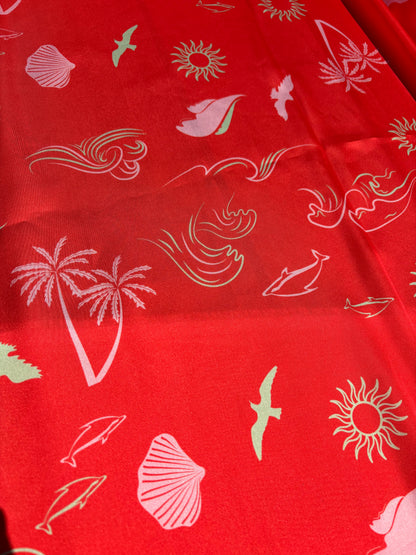 Red Orange Beach Resort Print Polyester Charmeuse Woven “Place in the Sun”
