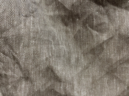 Brown White Herringbone Vintage Linen Woven "Wooded Herringbone"