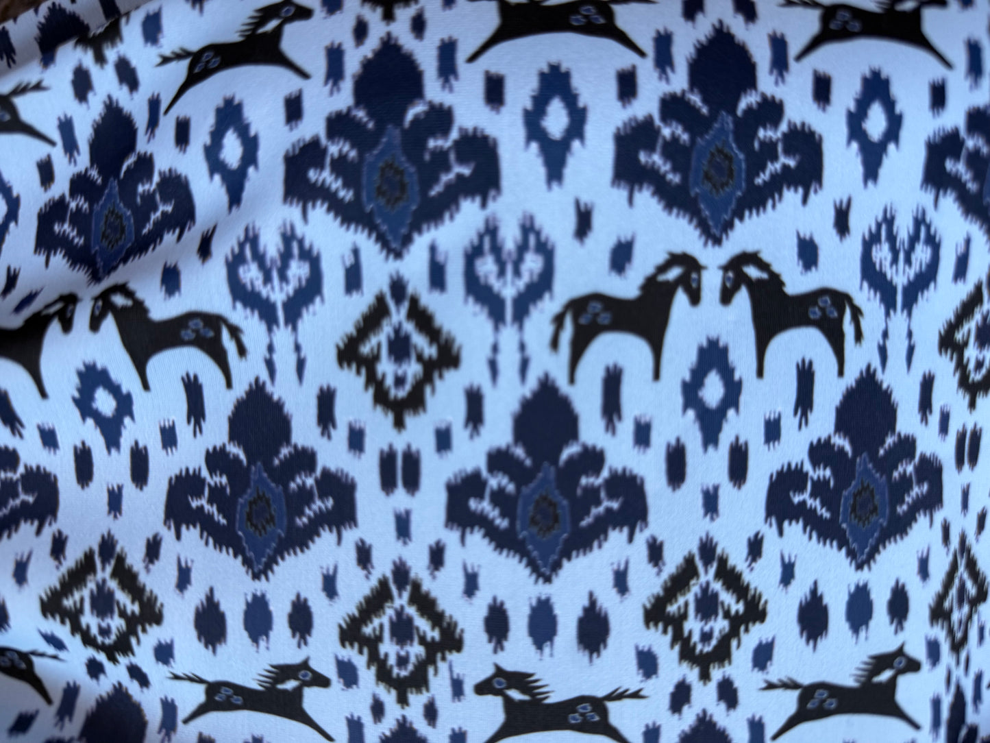 Blue Ikat Horse Boho Nylon Spandex Swim Knit "Swim in Santa Fe”