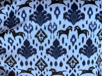 Blue Ikat Horse Boho Nylon Spandex Swim Knit "Swim in Santa Fe”