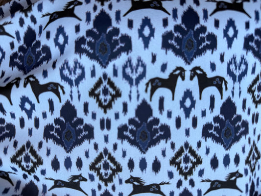 Blue Ikat Horse Boho Nylon Spandex Swim Knit "Swim in Santa Fe”