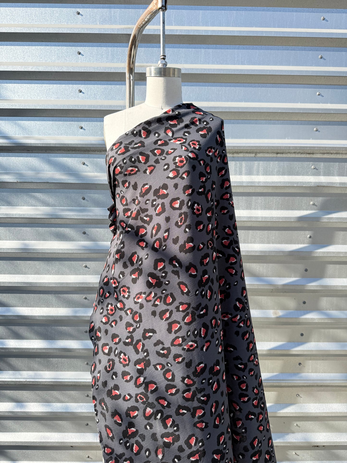 Gray Black Red White Leopard Print Polyester Crepe "Red Eye Jungle"