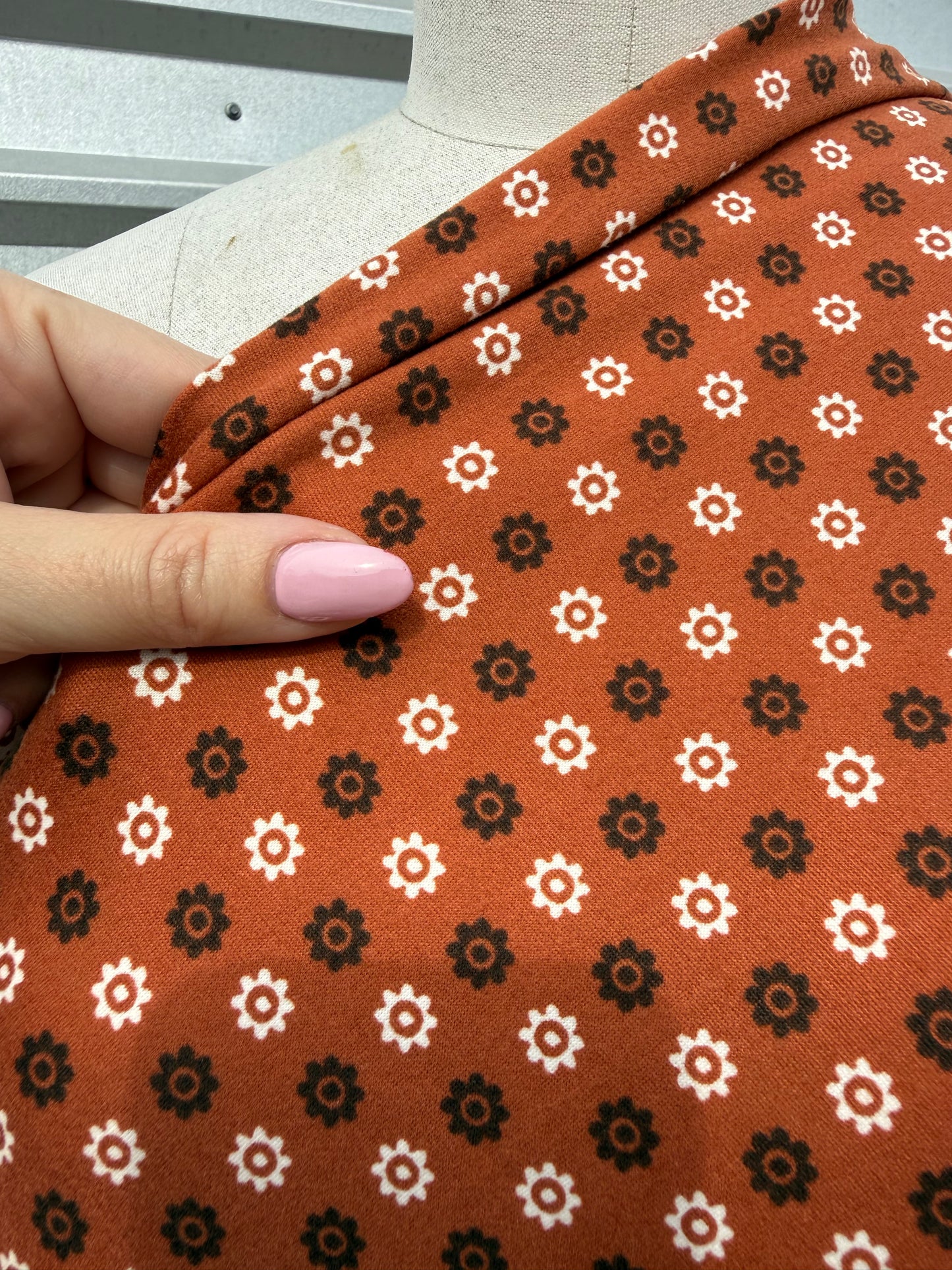 Rust Brown Gold Floral Dot Print Polyester Spandex Knit "Grand Canyon Trip"