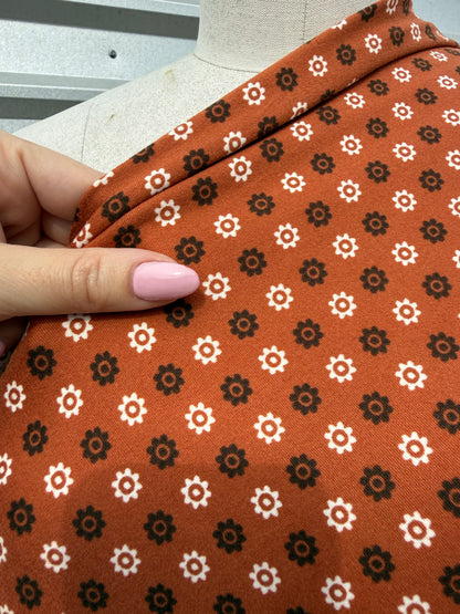 Rust Brown Gold Floral Dot Print Polyester Spandex Knit "Grand Canyon Trip"