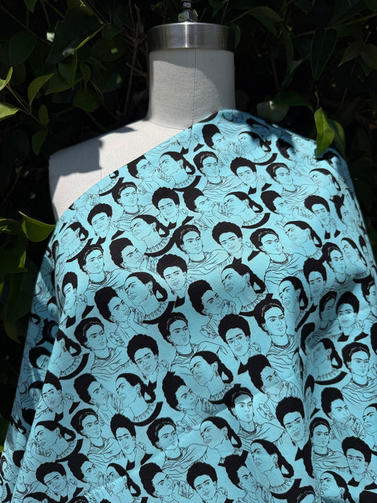 Blue Black Frida Kahlo Portrait Cotton Poplin “Frida and the Blues”