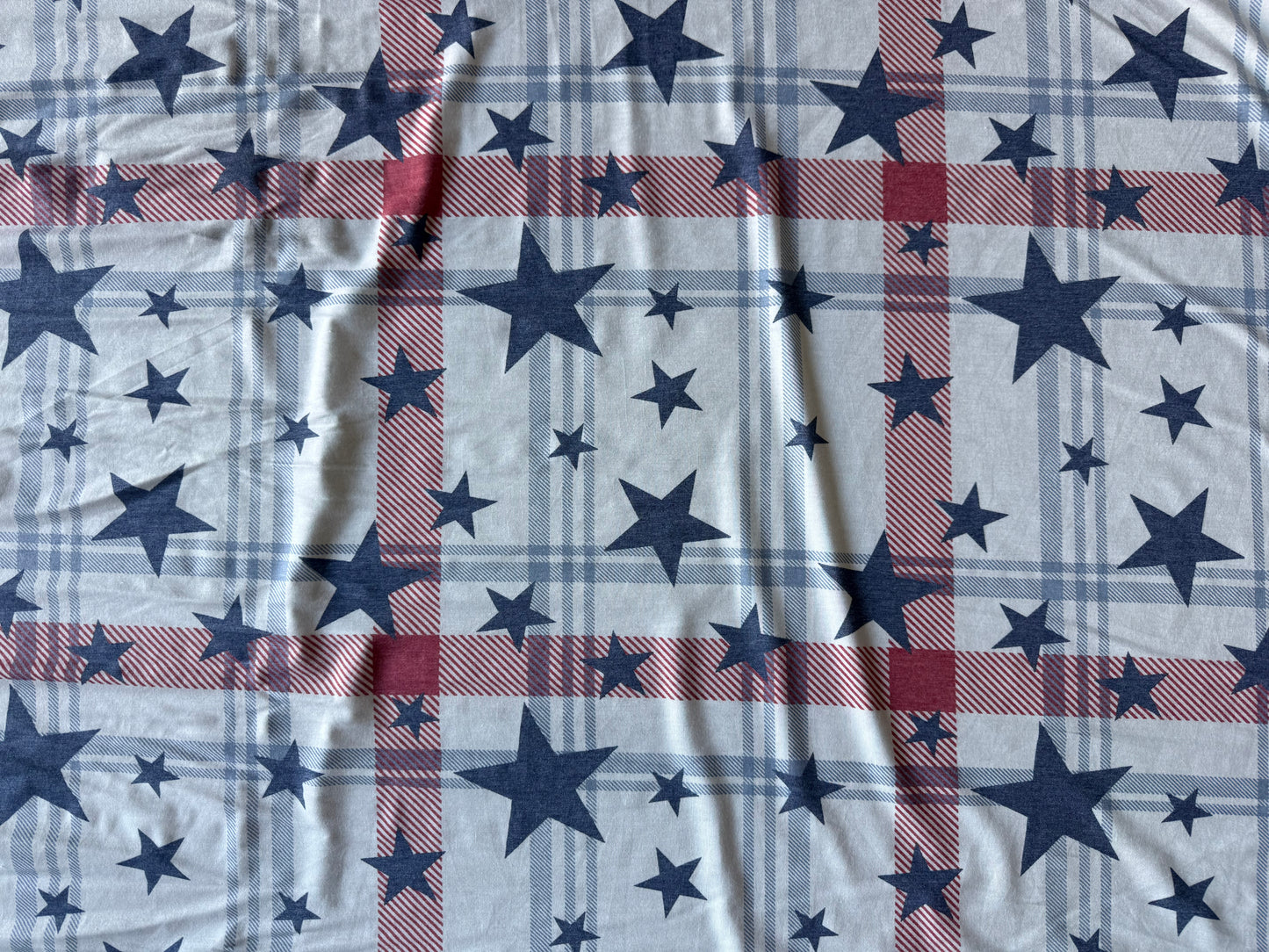 White Blue Red Plaid Star Print Rayon Spandex  Jersey Knit "July Jams”