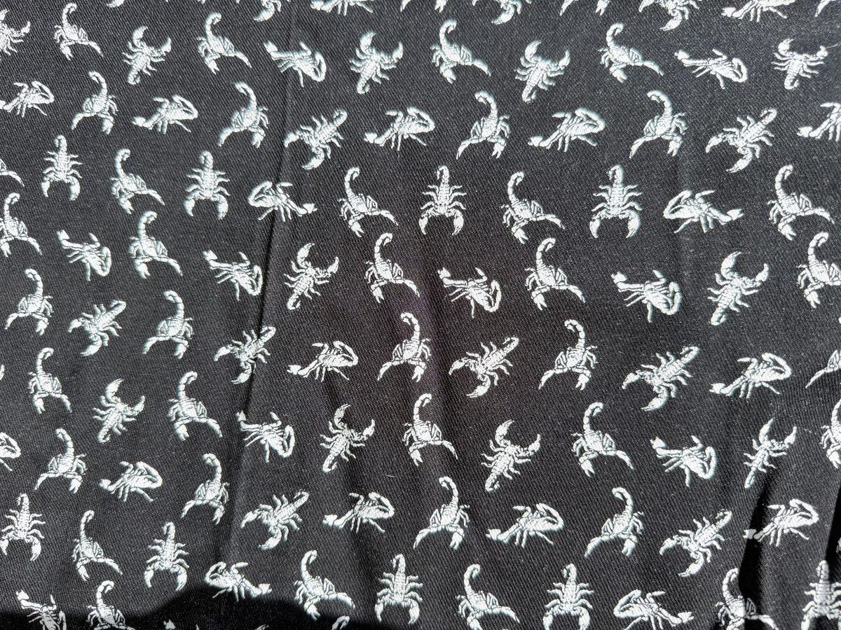 Black White Scorpion Print Twill Rayon Challis “Will Sting”