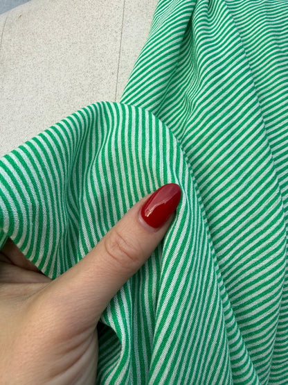 Green White Vertical Stripe Rayon Crepe Woven "Spearmint Stripe"