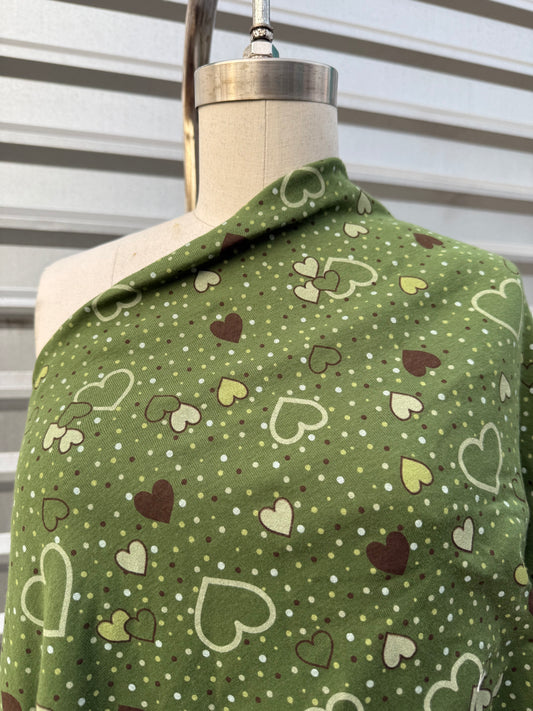 Green Yellow White Brown Hearts Dots Vintage Cotton Jersey Knit "Pop Heart Parade"
