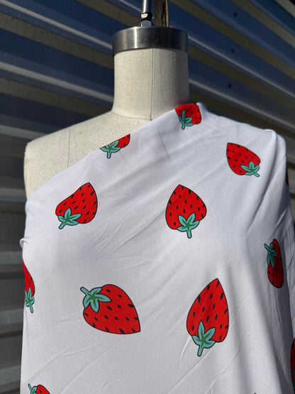White Red Strawberry Print Polyester Crepe "Sweet Bite"