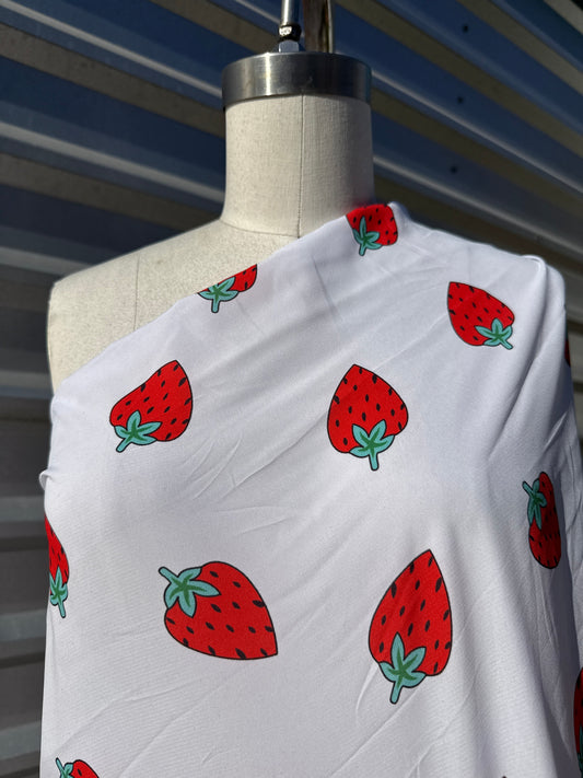 White Red Strawberry Print Polyester Crepe "Sweet Bite"