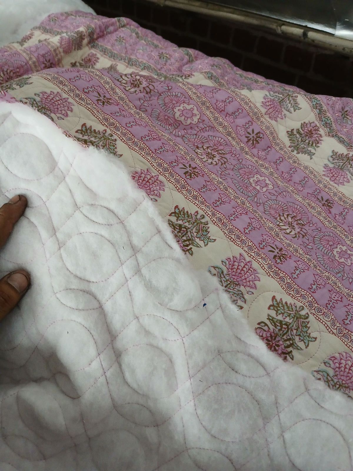 Pink White Block Floral  Print Cotton Sateen Quilted “Keya”