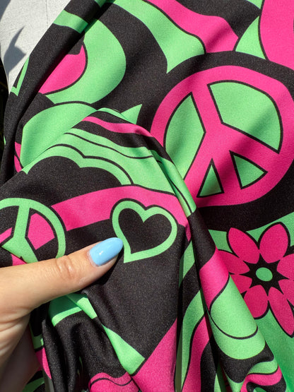 Lime Green Pink Black Swirl Peace Floral Butterfly Print Polyester Spandex Knit "Trippy Hippie"