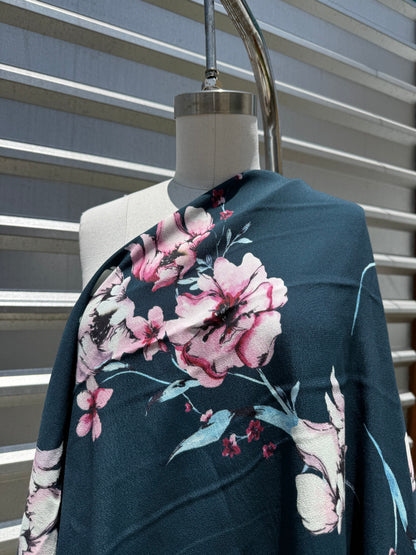 Teal Pink Watercolor Peony Floral Rayon Crepe Woven ‘Teal Blossom’