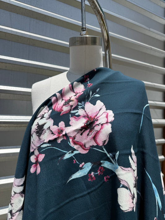 Teal Pink Watercolor Peony Floral Rayon Crepe Woven ‘Teal Blossom’