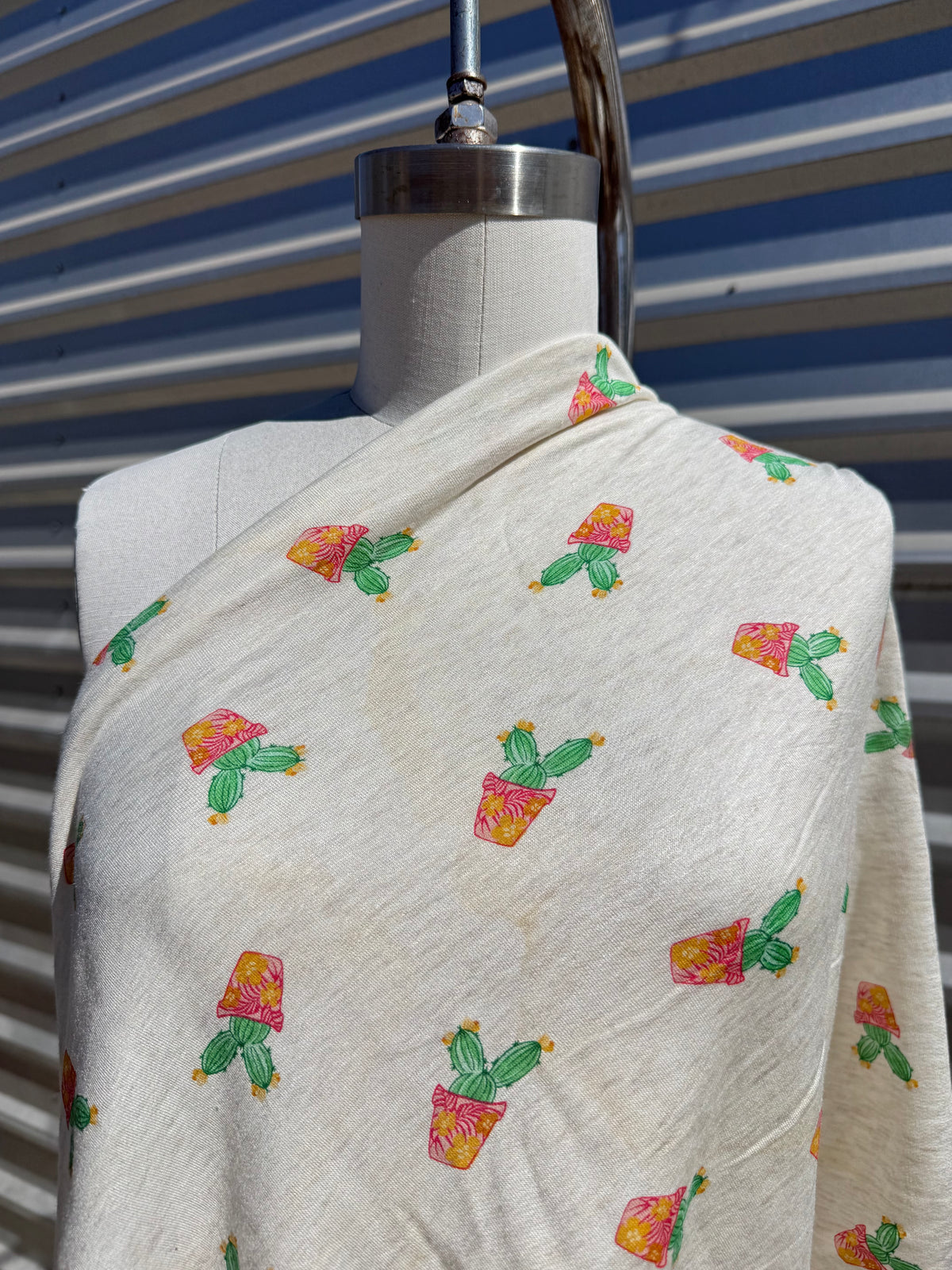 Green Beige Cactus Plant Print Rayon Spandex French Terry Yoga Jersey Fabric "Prickly But Pretty"