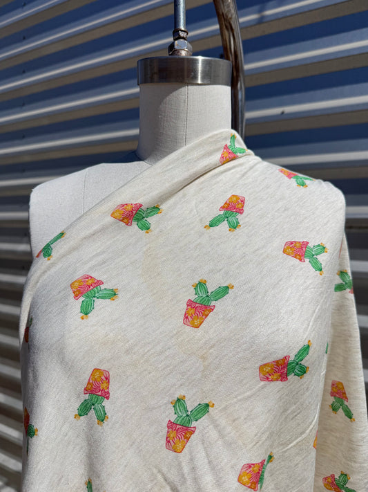 Green Beige Cactus Plant Print Rayon Spandex French Terry Yoga Jersey Fabric "Prickly But Pretty"
