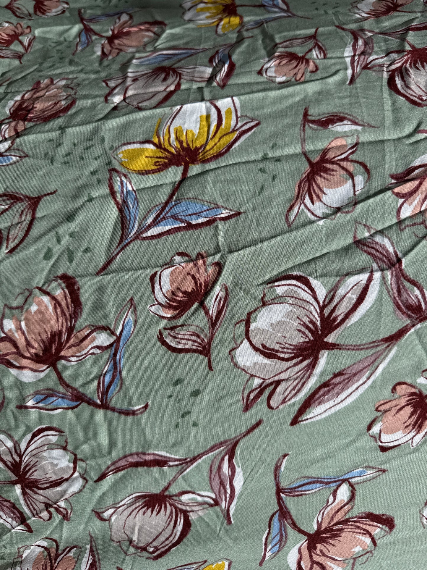 Sage Green Pink Blue Tulips Floral Print Rayon Challis Woven "Sweet Blooms"