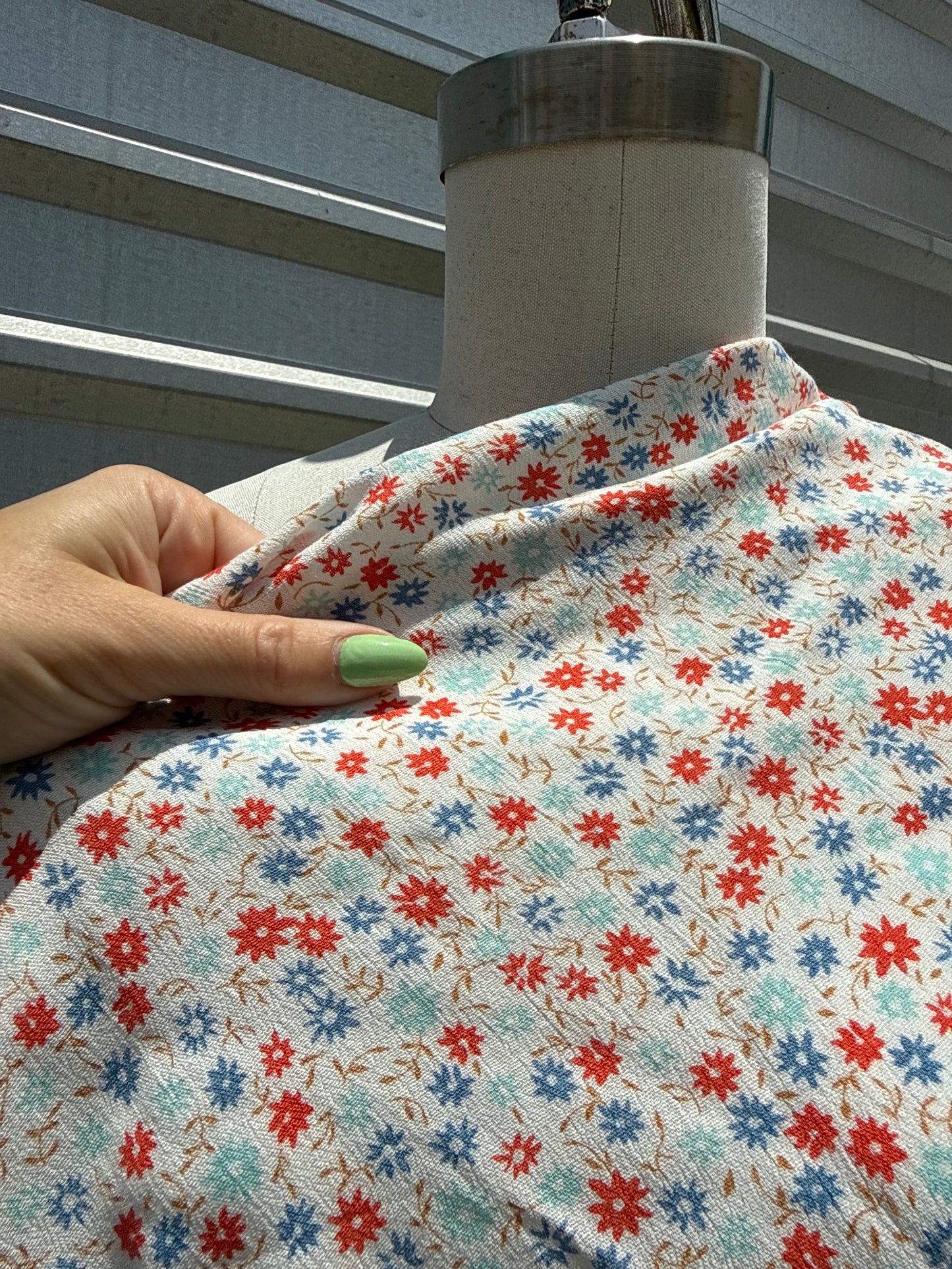 White Blue Red Ditsy Floral Print Rayon Crepe Woven "Cutie Blooms"