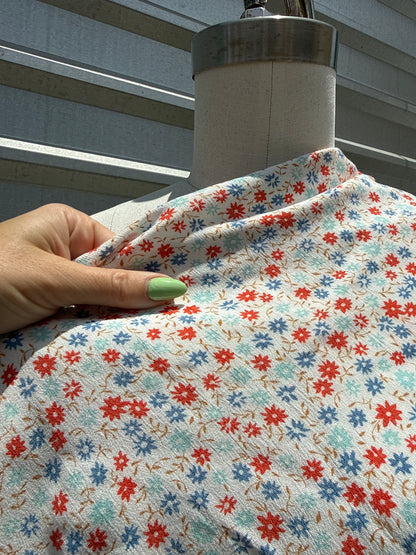 White Blue Red Ditsy Floral Print Rayon Crepe Woven "Cutie Blooms"