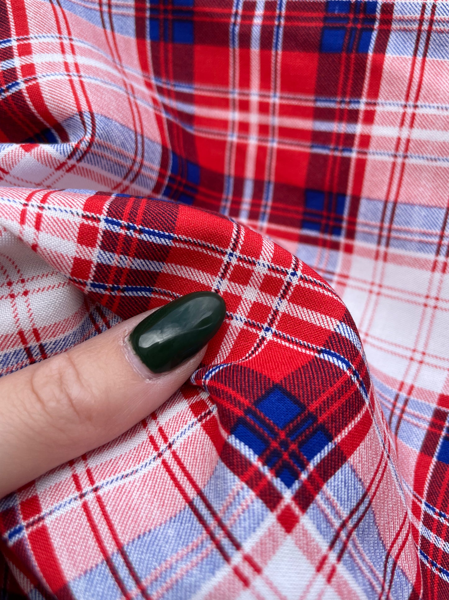White Navy Red Plaid Rayon Challis "Pearl Hart"
