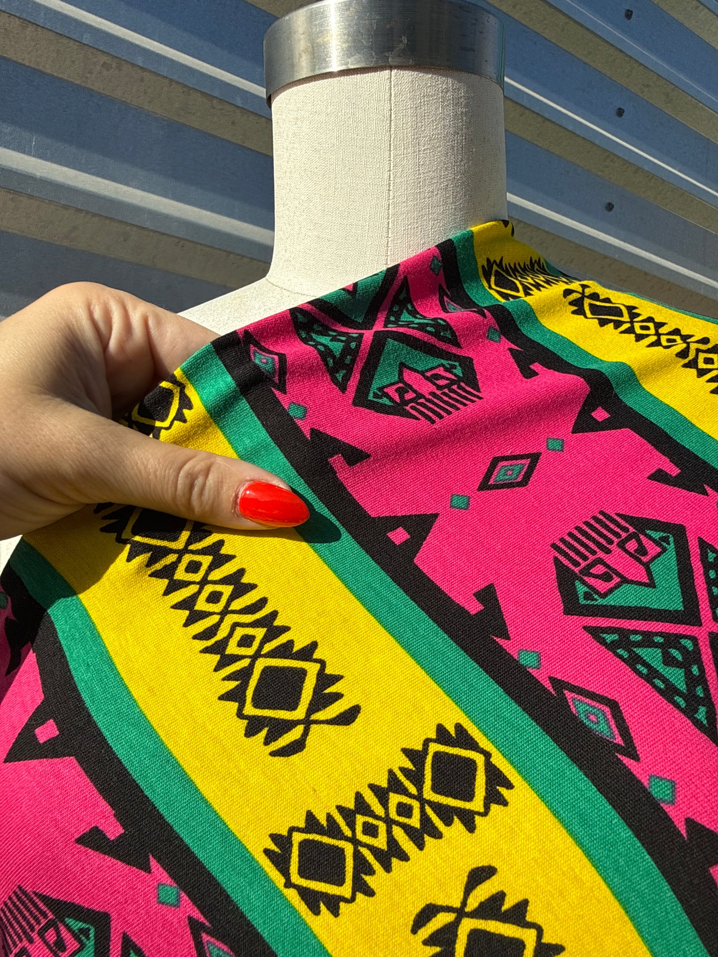 Yellow Pink Green Black Geometric Stripe Vintage Cotton Jersey Knit "Bold Lines"