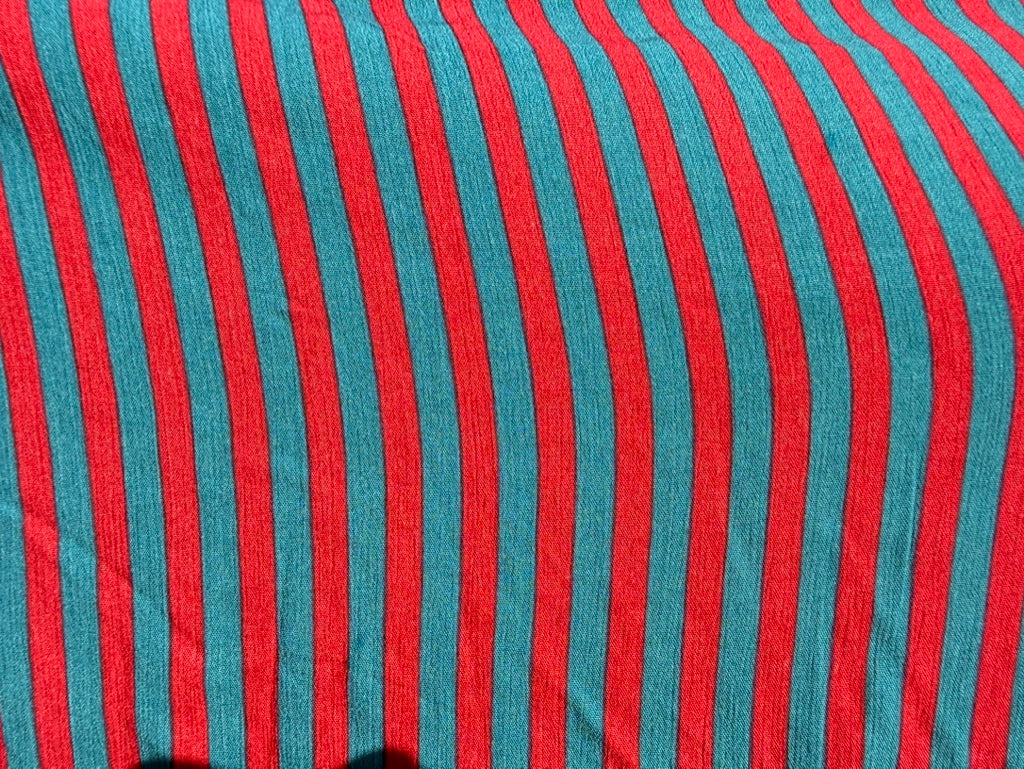 Red Teal Stripe Print Rayon Crepe Woven "Berlin"
