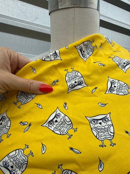 Yellow White Owl Print Cotton Spandex Sateen Woven "Life's a Hoot"