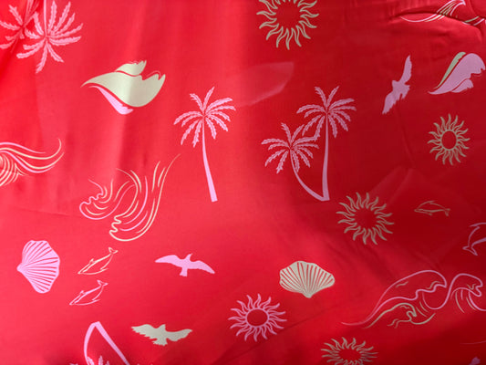 Red Orange Beach Resort Print Polyester Charmeuse Woven “Place in the Sun”