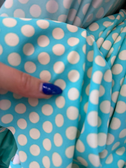 Aqua Blue White Polkadot Nylon Spandex Swim Knit "Dive in Palm Springs”
