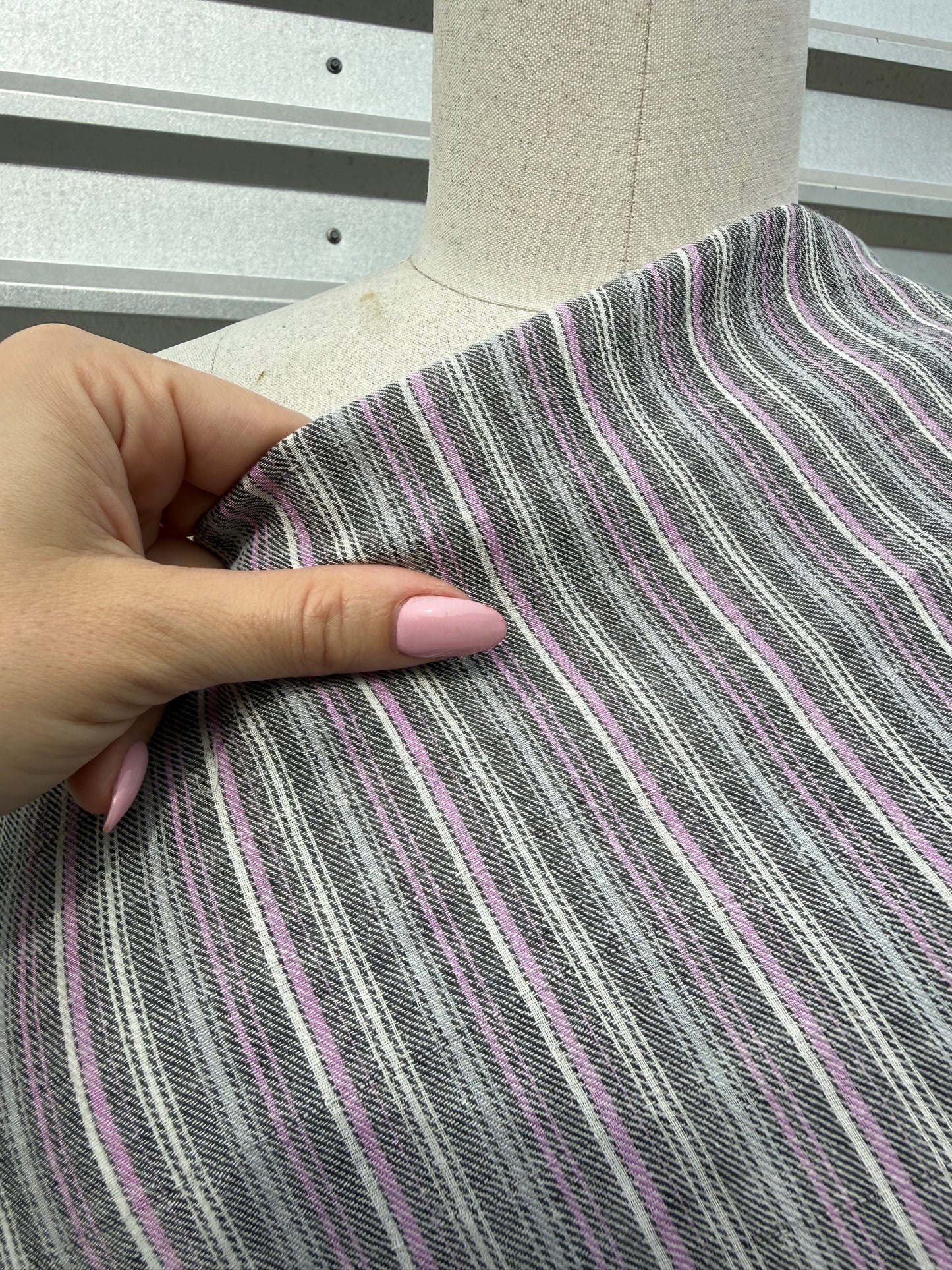 Grey Purple White Stripe Cotton Gauze Woven "Heather Tracks"