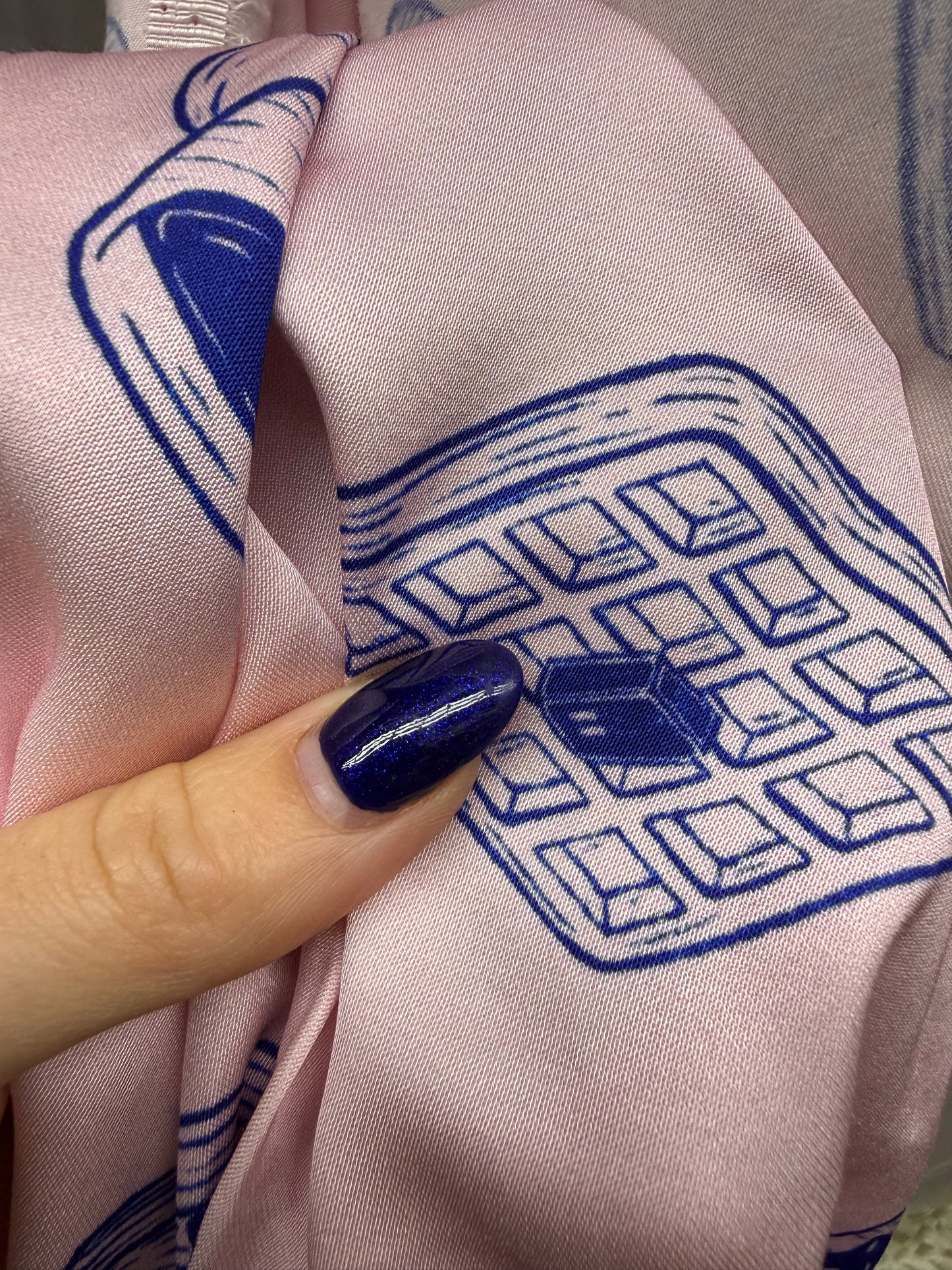 Blue Pink Donut Croissant Coffee Breakfast Rayon Satin Woven “Tiffany’s Breakfast “