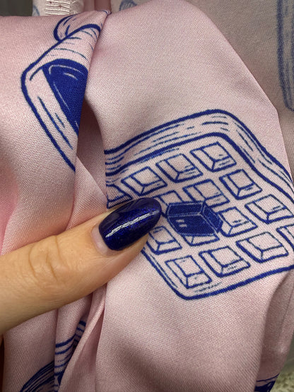 Blue Pink Donut Croissant Coffee Breakfast Rayon Satin Woven “Tiffany’s Breakfast “