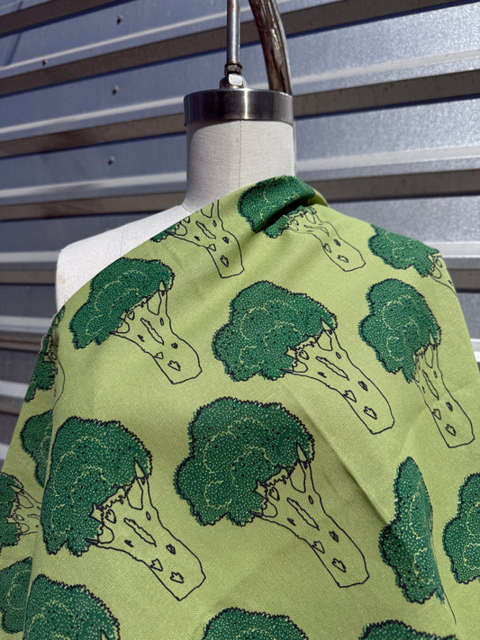 Green Broccoli Print Cotton Linen Fabric "You Broc My World"