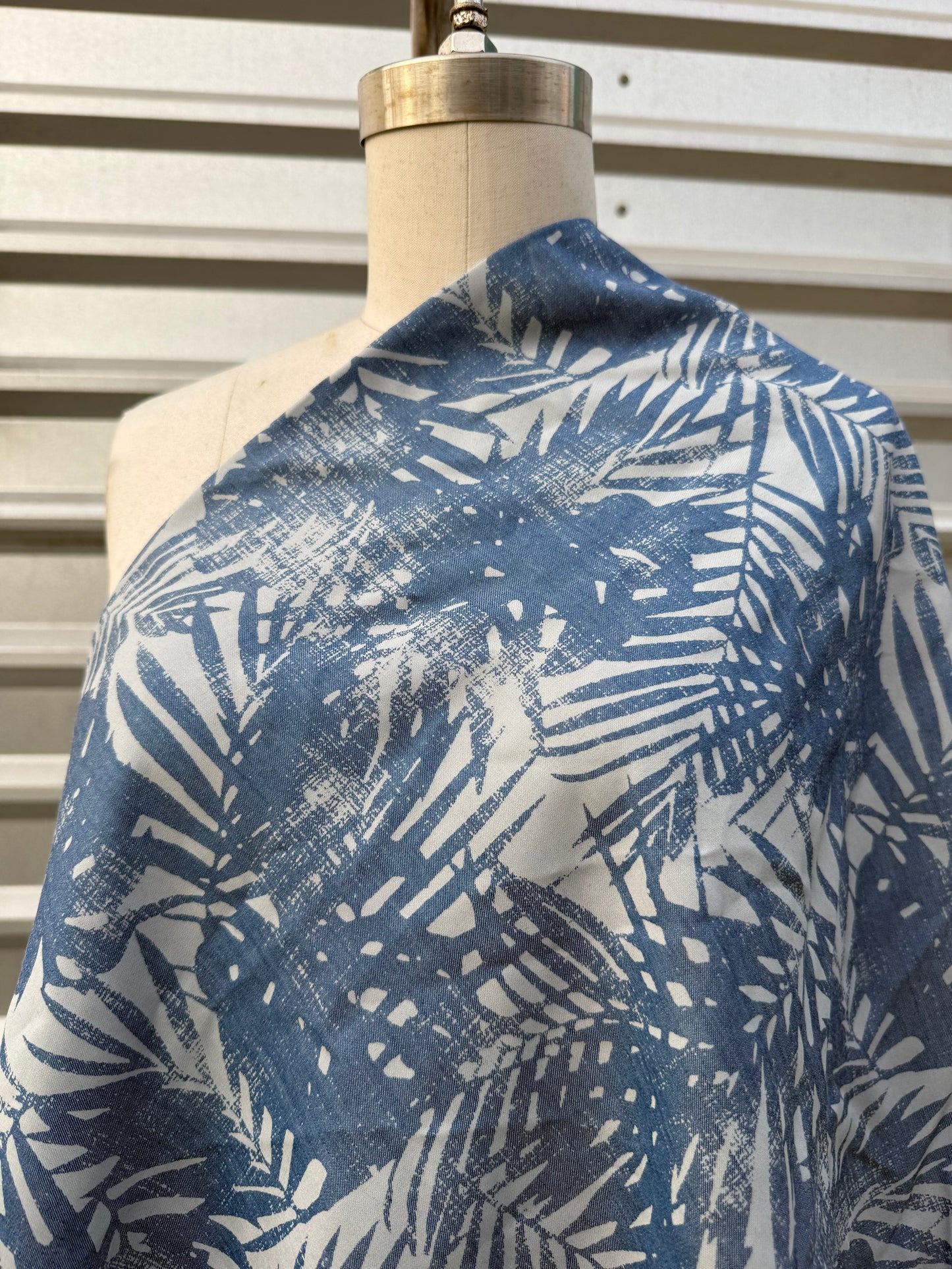 White Blue Overlapped Stamped Palm Leaf "Stamped Fronds"