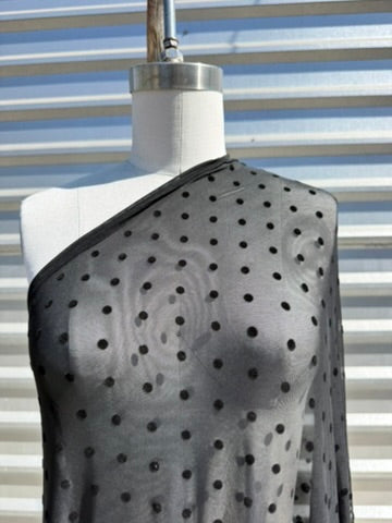 Black Flocked Polkadot Micro Mesh Stretch Knit "Pluto"