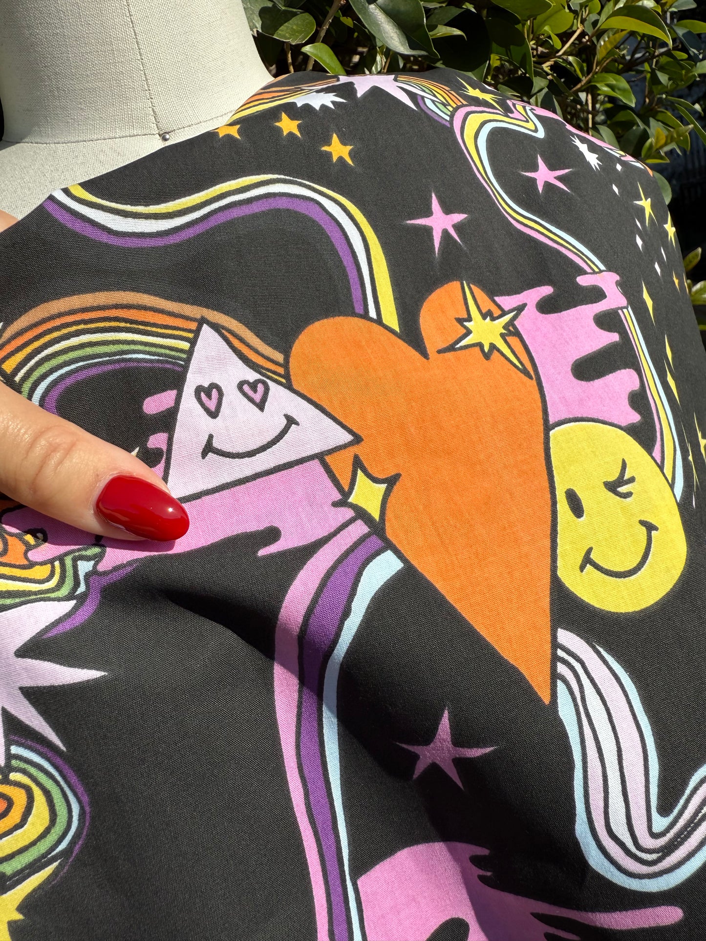 Black Yellow Pink Rainbow Smiley Face Heart Triangle Trippy Cotton Spandex Poplin Woven "Trippy Days”