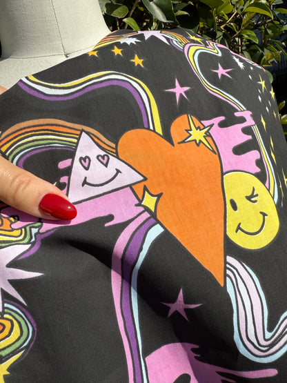 Black Yellow Pink Rainbow Smiley Face Heart Triangle Trippy Cotton Spandex Poplin Woven "Trippy Days”