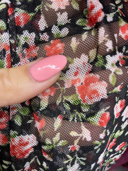 Black Red Green White Rose Floral Print Micro Mesh Stretch Knit "Blooming Rose"