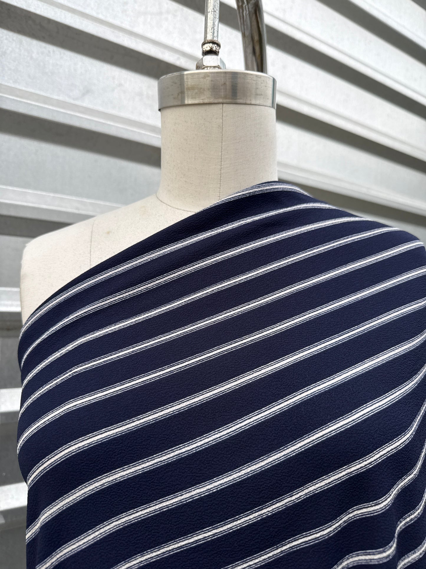 Blue Navy White Stripe Print Polyester Crepe Woven "Dark Sea"