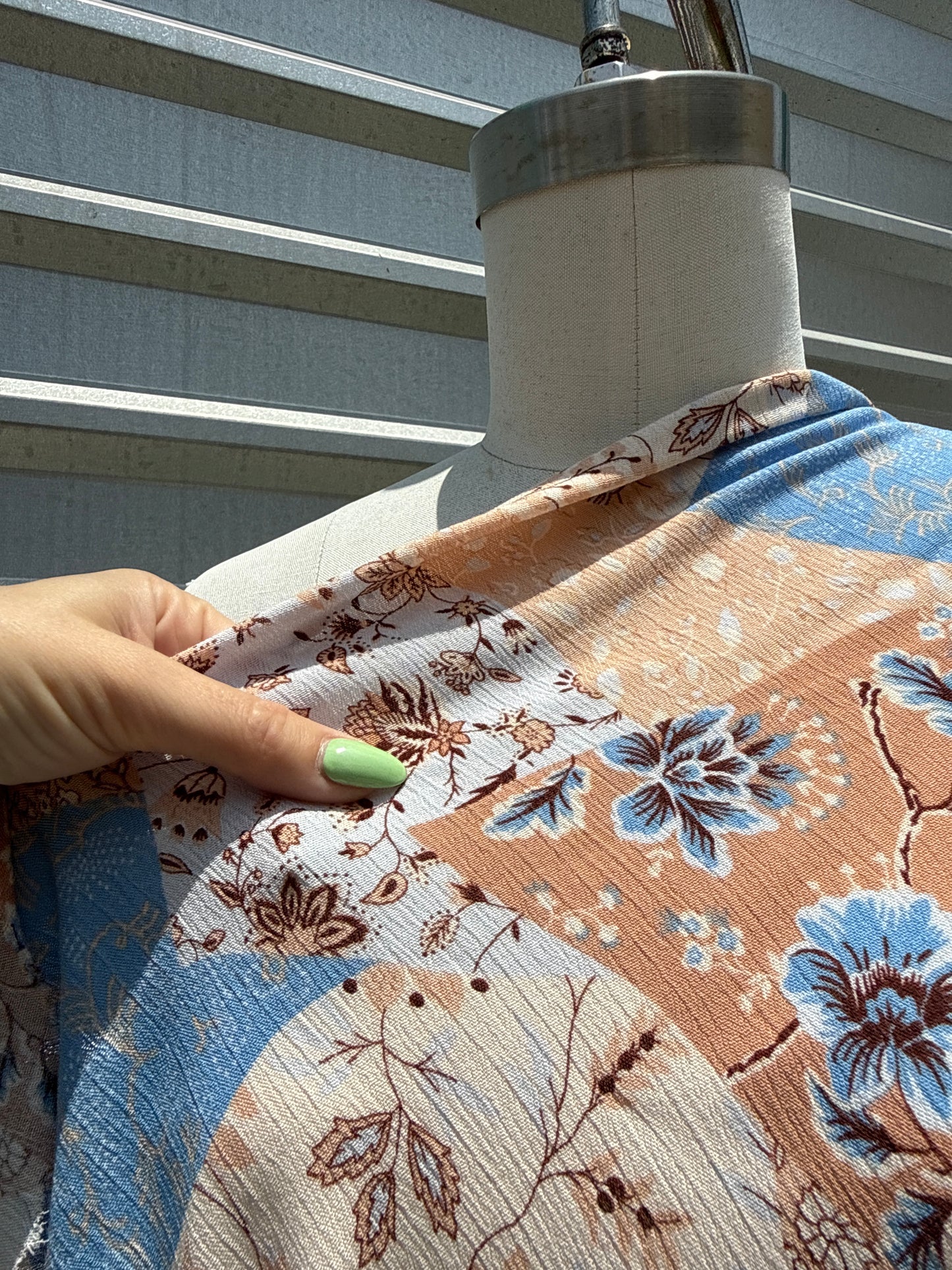 Blue Cream Taupe Patchwork Floral Crepe "Annie on the Praire"
