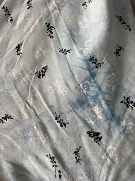 Blue White Black Floral Tie-dye Rayon Challis Woven "Icy Nightblooms"