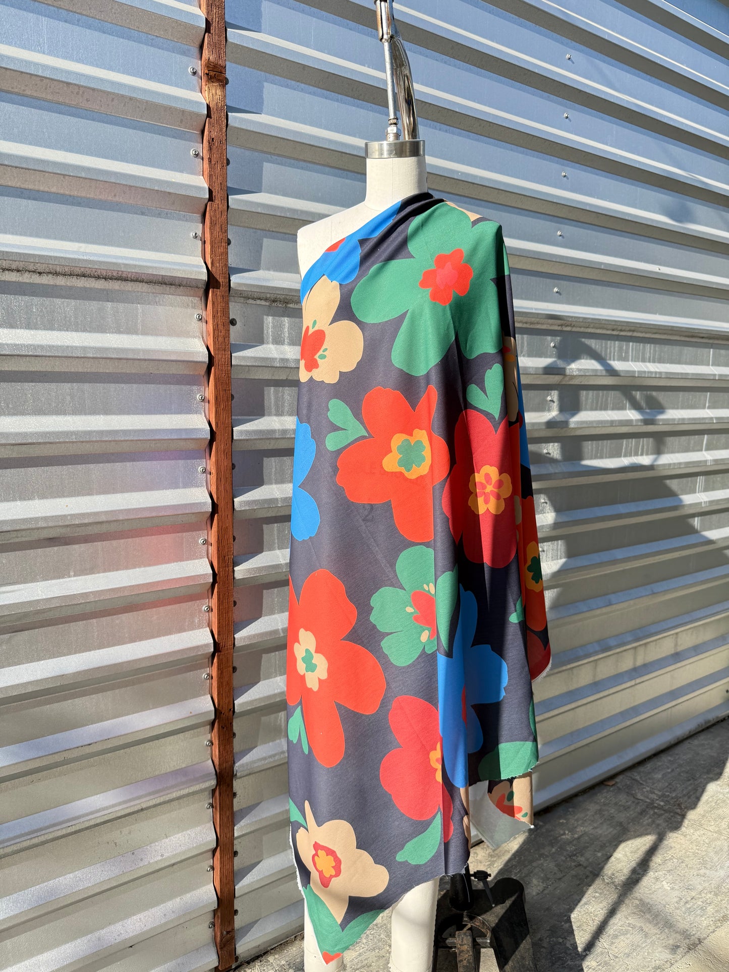 Black Red Blue Green Large Floral Flower Print Polyester Crepe "Crayon Garden"